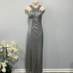 Cache Jewel Neck Silver Metallic Dress women’s size 0 party gown
